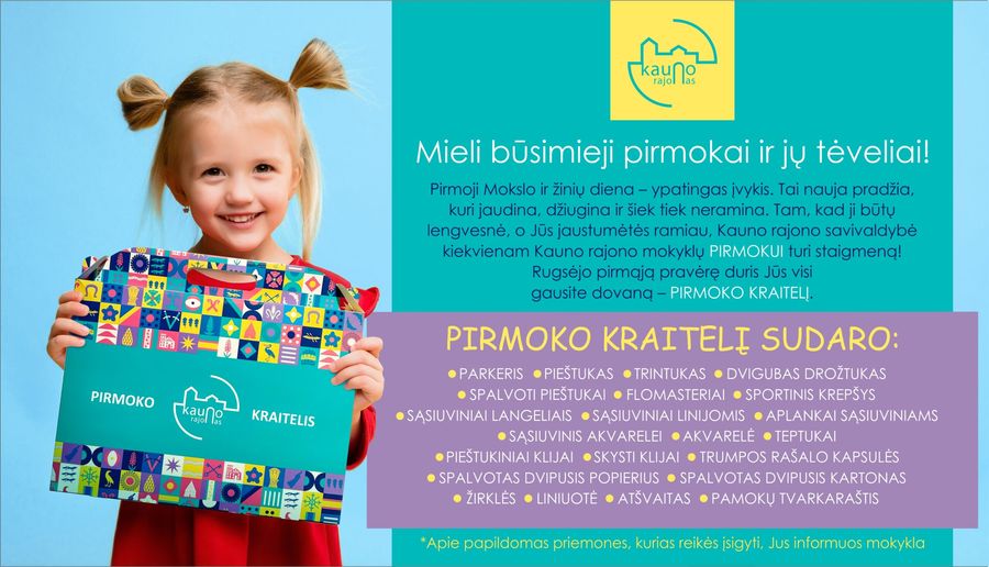 Būsimi pirmokai, rugsėjo 1-ąją pravėrę mokyklos duris Jūs visi gausite dovanų – PIRMOKO KRAITELĮ